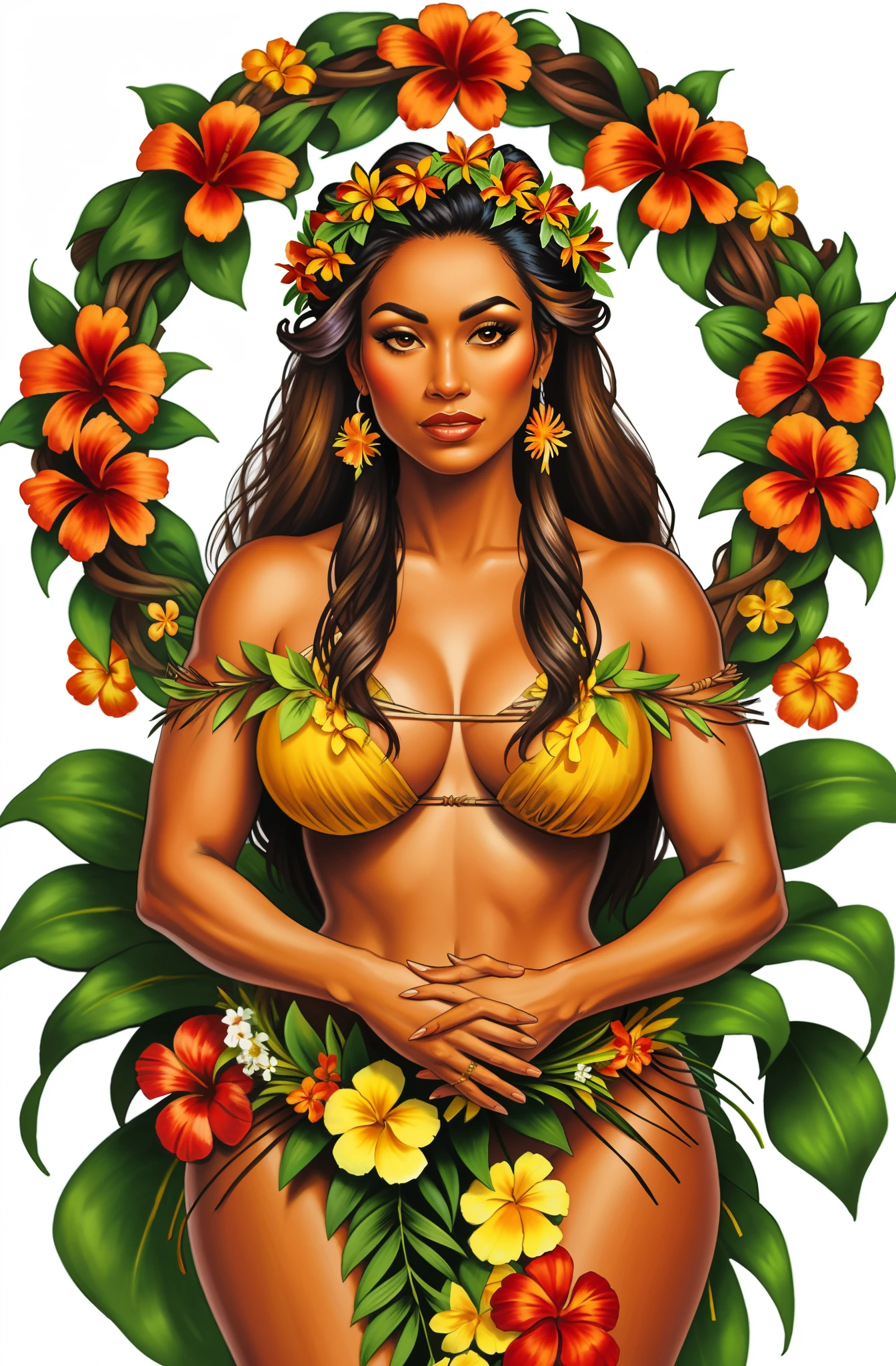 Hawaiian woman wearing a wreath of flowers