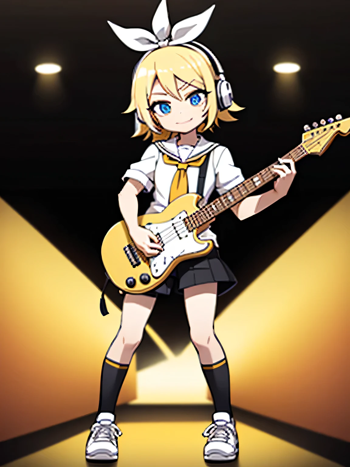 Kagamine Rin、highest quality、Ultra-precision、One Girl、Cute S、short hair、White Hair Ribbon、Barrette、Headphones、Blonde、Black shorts、internal、Yellow neckerchief、No sleeve、smile、Black Background、Eye、Standing and playing electric guitar、Guitar Picks、White shoes、Black socks