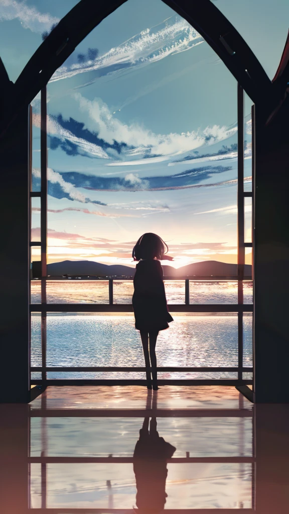 anime,silhouette,1girl, cloud, outdoors, skyscraper, city lights, blue sky, skyline,morning,waking,In nature,Mountain,men and women