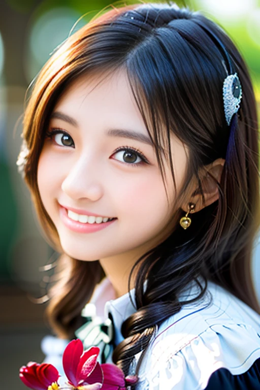 (Highest quality details:1.2), Realistic, 8K Ultra HD, High resolution, Fujifilm(Medium format), Hasselblad, Carl Zeiss, Incredible dynamic range photography(utility_art：Smoose-768:1.1), (One Girl:1.2), Super detailed, High quality textures, Intricate details, detailed, Very detailed CG, High Quality Shadows, detailed Beautiful and delicate face, detailed Beautiful and delicate eyes, Depth of written boundary, Ray Tracing, 18 years old, Cute Japanese Girl, Narrow Face, Glossy lips, Glowing Eyes, Glowing Eyes, Perfect body, View the viewer, (Jewelry Earrings), (Eye Color: Brown), (Bright red flower hair ornament), (Long white hair), (Layered Hairstyles), (Classic Gothic ta:1.5), Fashion Model Style, face close up, smile