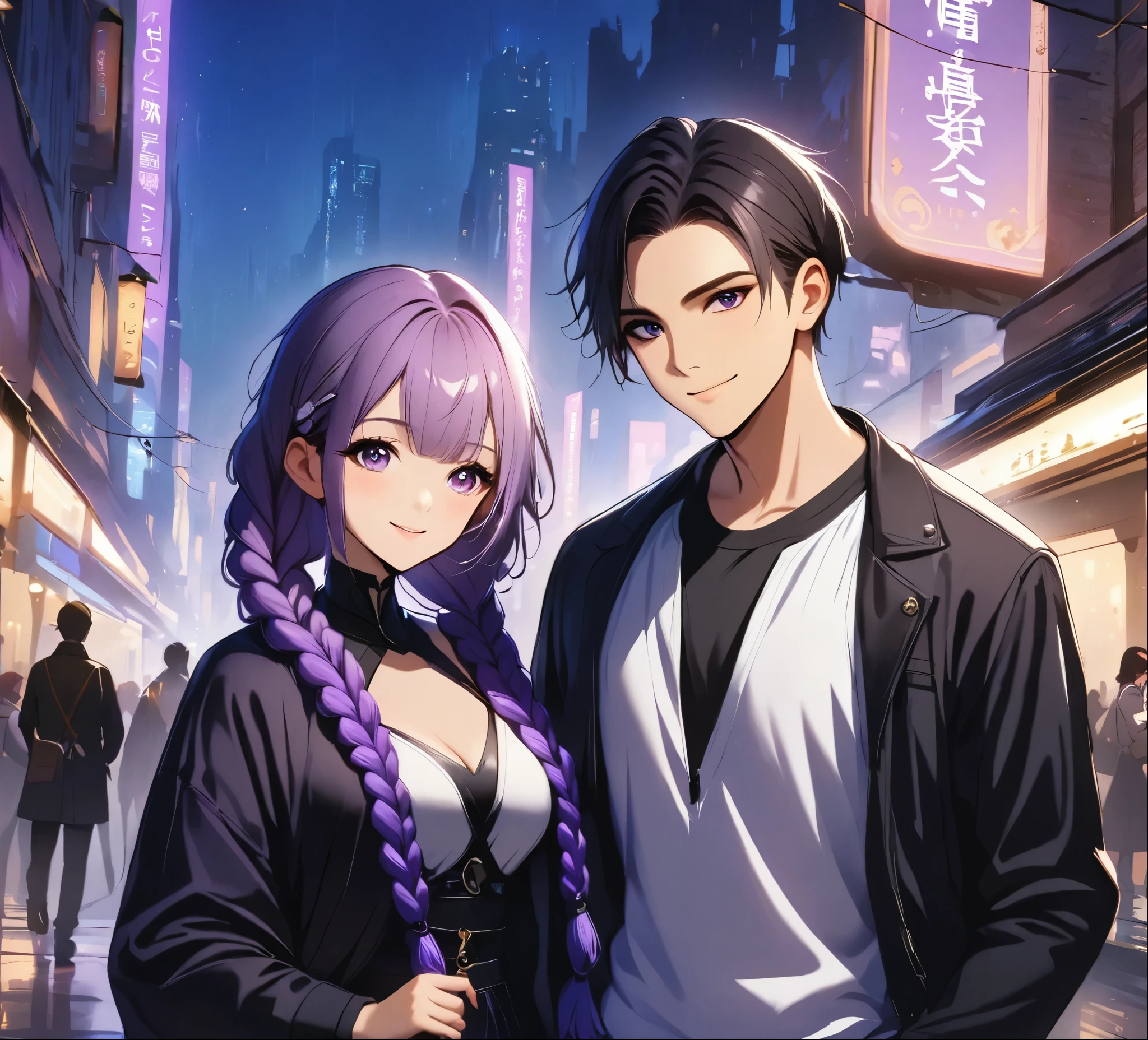 1 boy,Girl with purple and white gradient double braids,romantic couple,Smiling Face,as thick as thieves,Background blur,high quality,Artistic sense,cinematic atmosphere,Luxury lighting