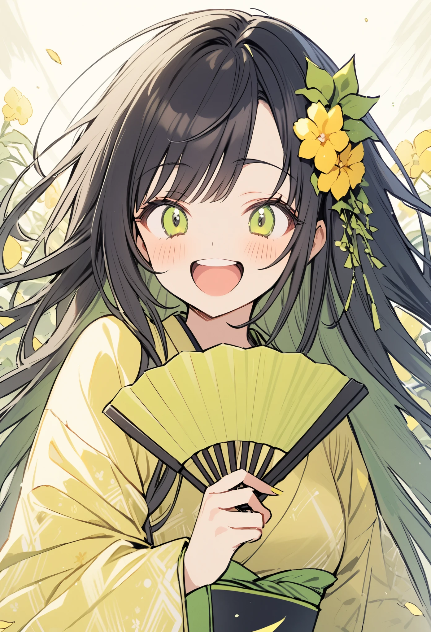 A girl wearing a yellow-green kimono、Long black hair、Straight Hair、Yellow-green flower hair ornament、Laugh with your teeth showing、Holding a folding fan