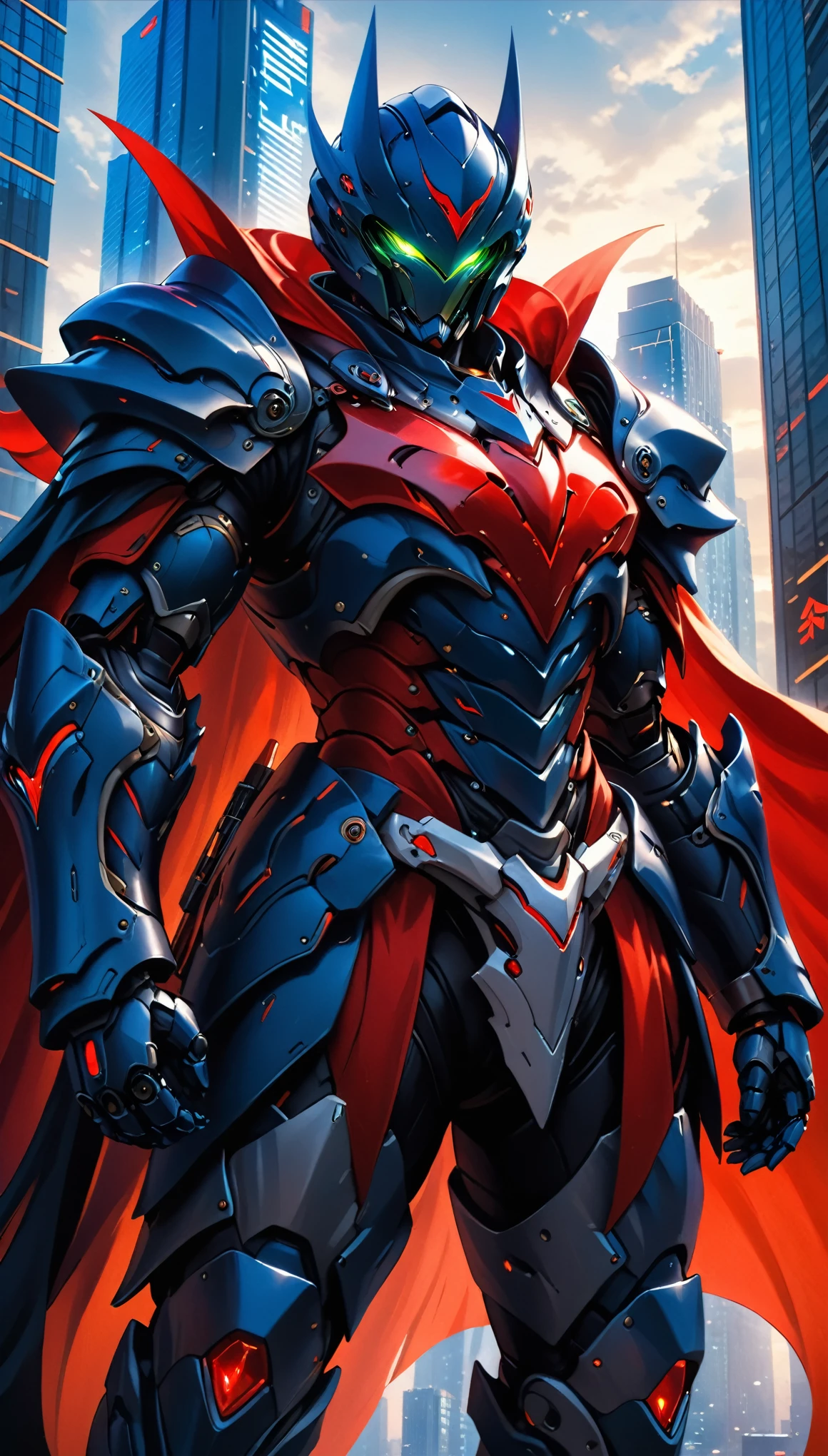 A man wearing a full-face helmet, a fantasy-style biotech armored combat suit, green eyes, (a composite layered chest armor), fully enclosed shoulder guards, matching arm and leg guards, the belt is adorned with fangs biting into gemstone, (the color scheme is primarily blue with black and red accents), the design balances heavy with agility, a high-tech bio-mecha armor, (Armor Concept Inspired by Vampire, the huge cape fluttering in the wind, stand on the top of a skyscraper in a futuristic sci-fi city), this character embodies a finely crafted fantasy-surreal style armored hero in anime style, exquisite and mature manga art style, (battle damage, element, blood, plasma, energy, the armor glows), ((male:1.5)), metallic, real texture material, dramatic, high definition, best quality, highres, ultra-detailed, ultra-fine painting, extremely delicate, professional, perfect body proportions, golden ratio, anatomically correct, symmetrical face, extremely detailed eyes and face, high quality eyes, creativity, RAW photo, UHD, 32k, Natural light, cinematic lighting, masterpiece-anatomy-perfect, masterpiece:1.5