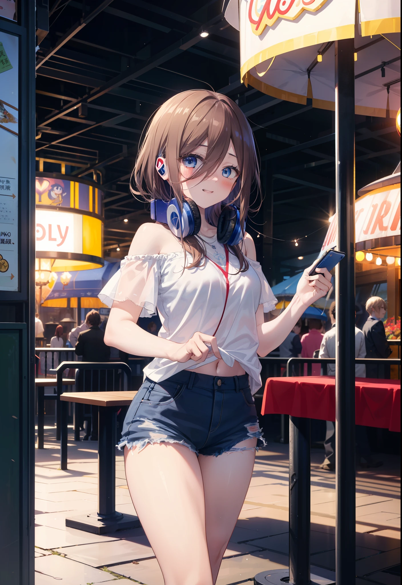 Mikunakano, Miku Nakano, Long Hair, bangs, blue eyes, Brown Hair, shirt, Hair between the eyes, Headphones around neck,happy smile, smile, Open your mouth,Cold shoulder tops,Short sleeve,Shorts,High-top sneakers,Hunting Cap,Walking,whole bodyがイラストに入るように,Ferris wheel, roller coaster, carousel, balloon, playground, Seaside, green, amusement park
break outdoors, amusement park,
break looking at viewer, whole body,(Cowboy Shot:1. 5)
break (masterpiece:1.2), highest quality, High resolution, unity 8k wallpaper, (figure:0.8), (Beautiful fine details:1.6), Highly detailed face, Perfect lighting, Highly detailed CG, (Perfect hands, Perfect Anatomy),