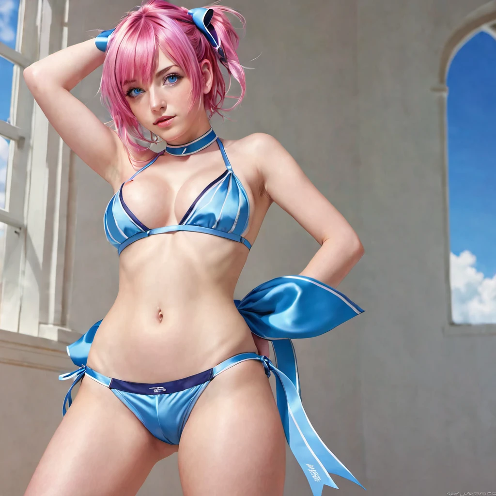 (finely detailed beautiful eyes and detailed face,masterpiece sidelighting,masterpiece,best quality,detailed,high resolution illustration),, (topless girl,whole body,lustrous skin,looking down,looking at viewer),, (pink hair,blue eyes,ribbon, bikini), (clothed_underbust:1.2),underboob