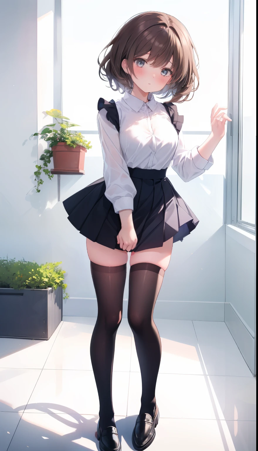 One Girl、Positive、From above、Full body portrait、Brown haired、Medium Haircut、blush、Absolute area、Knee socks、stockings、Black knee-high socks、White underwear、Cleavage、Light blue cut shirt、Unbutton your shirt、Shirt buttons fly off、Navy blue checkered pleated skirt、Very short skirt、garden、Daytime、（Very big boobs）、((Full Body Lesbian))、masterpiece、（highest quality)、Panties around the ankles、loafers、The wind blows up my skirt、vibrator in thighhighs