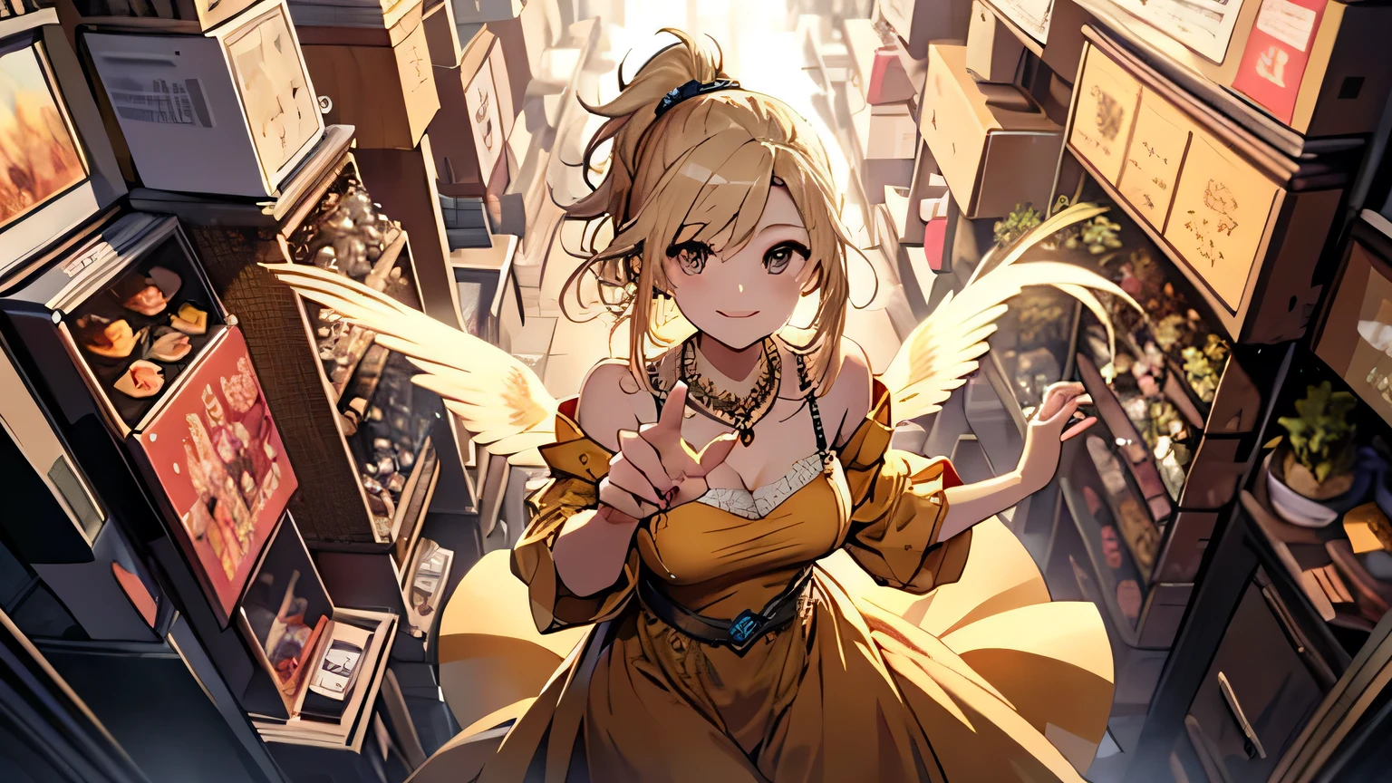 ((highest quality)), ((masterpiece)), (detailed), Perfect Face、Town、evening、Walk with open arms、blonde、Straight Hair、ponytail、Golden Dress、Earrings、necklace、Look Up、smile、Angle from above、Accurate hands、Accurate Fingers、