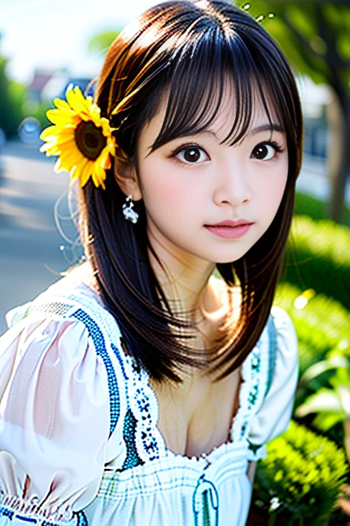 (Highest quality details:1.2), Realistic, 8K Ultra HD, High resolution, Fujifilm(Medium format), Hasselblad, Carl Zeiss, Incredible dynamic range photography(utility_art:Smoose-768:1.1), (One Girl:1.2), Super detailed, High quality textures, Intricate details, detailed, Very detailed CG, High Quality Shadows, detailed Beautiful and delicate face, detailed Beautiful and delicate eyes, Depth of written boundary, Ray Tracing, 18 years old, Cute Japanese Girl, Narrow Face, Glossy lips, Glowing Eyes, Glowing Eyes, Perfect body, View the viewer, (Jewelry Earrings), (Eye Color: Brown), (Bright red flower hair ornament), (Long white hair), (Layered Hairstyles), (Classic Gothic Lolita:1.5), Fashion Model Style, Small breasts