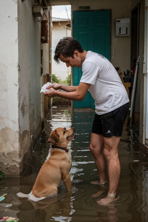 Create an image that will aim to raise awareness among the readership about the importance of empathy, of hunger and care for pets in an extreme situation such as that experienced by the state of Rio Grande do Sul, where it is affected by floods.