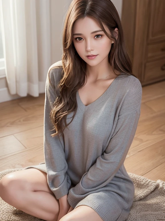 masterpiece, highest quality, High resolution,alone,Brown Hair,artistic,Best lighting,casual,Flat Chest,Beautiful Face,expensive,smile,light makeup,Age 25,Calm woman,Detailed Hair,Laughing woman,amount,Wavy Hair,Woman in tunic,whole body,Woman sitting on floor with legs crossed,Wet hair after shower,indoor