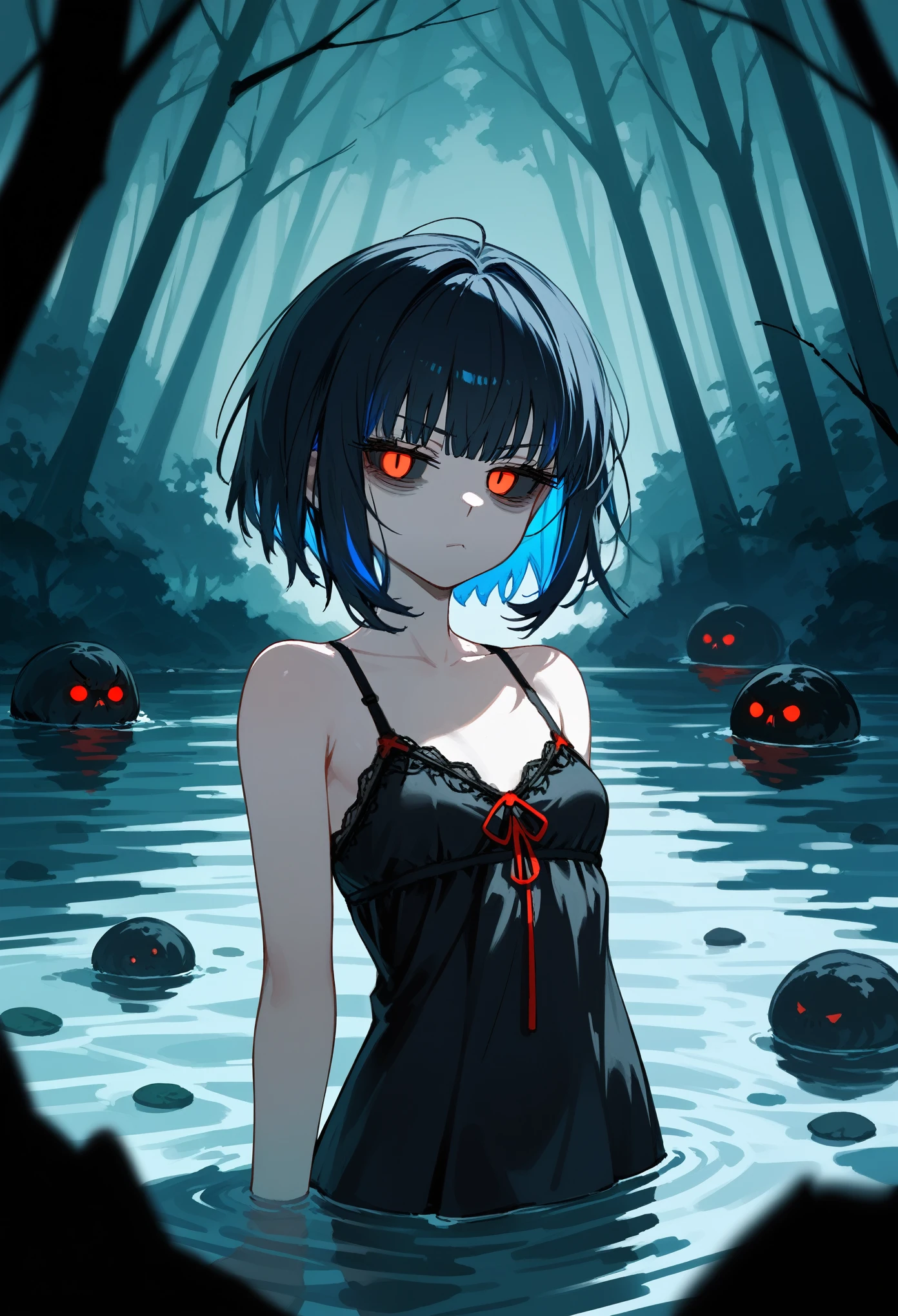 1girl, solo, red eyes, black sclera, short hair, black hair, colored inner hair, blue hair, sidelocks, black chemise dress, bare shoulders, arms on sides, upper body, looking at viewer, narrowed eyes, serious, shaded face, bags under eyes, glowing eyes, small breasts, river, partially submerged, forest, night, terror scenery, terror black monsters around, facing to the right, masterpiece, score_9, score_8_up, score_7_up