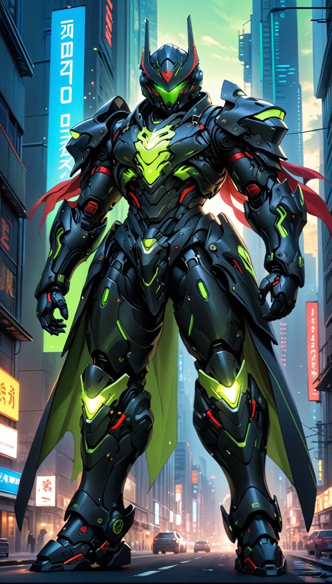 A man wearing a full-face helmet, a fantasy-style biotech armored combat suit, green eyes, (a composite layered chest armor), fully enclosed shoulder guards, matching arm and leg guards, the belt is adorned with exhaust pipes, (the color scheme is primarily black glow with green and red accents), the design balances heavy with agility, a high-tech bio-mecha armor, (Armor Concept Inspired by Cyberpunk motorcycle, stand on the top of a skyscraper in a futuristic sci-fi city), this character embodies a finely crafted fantasy-surreal style armored hero in anime style, exquisite and mature manga art style, (battle damage, element, plasma, energy, the armor glows), ((male:1.5)), metallic, real texture material, dramatic, high definition, best quality, highres, ultra-detailed, ultra-fine painting, extremely delicate, professional, perfect body proportions, golden ratio, anatomically correct, symmetrical face, extremely detailed eyes and face, high quality eyes, creativity, RAW photo, UHD, 32k, Natural light, cinematic lighting, masterpiece-anatomy-perfect, masterpiece:1.5