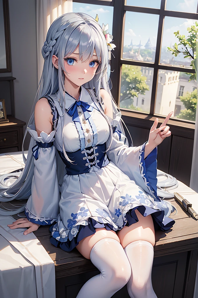 (Overlooking figure)、Dynamic Angle、Super detailed、figure、 Straight、One girl、(Fantasy:1.4)、
(Blue Eyes:1.2)、(Glowing Eyes:1.2)、(Beautiful and detailed:1.1)、(Silver Hair:1.2)、(Messy Hair、Very long hair、French Braid、Hair between the eyes、Side Lock)、
(Blue Hair Flower:1.1)、(Chiffon dress、blue floral pattern on uniform)、(uniform:1.2)、(Removable sleeves、Wide sleeves)、(Fingerless gloves)、choker、
(Shrine Maiden Knee Socks)、High heel boots、(Expressionlesouth closed)、(Are standing)、(White ancient palace、Classic princess bedroom with dressing table and French windows)、
(White flowers are blooming)、(Dull Blue World Tree:1.1)、(Remains)、(night:1.2)、dream-like、(Delicate fingers and hands:1.0)、(Finger details)、zettai ryouiki