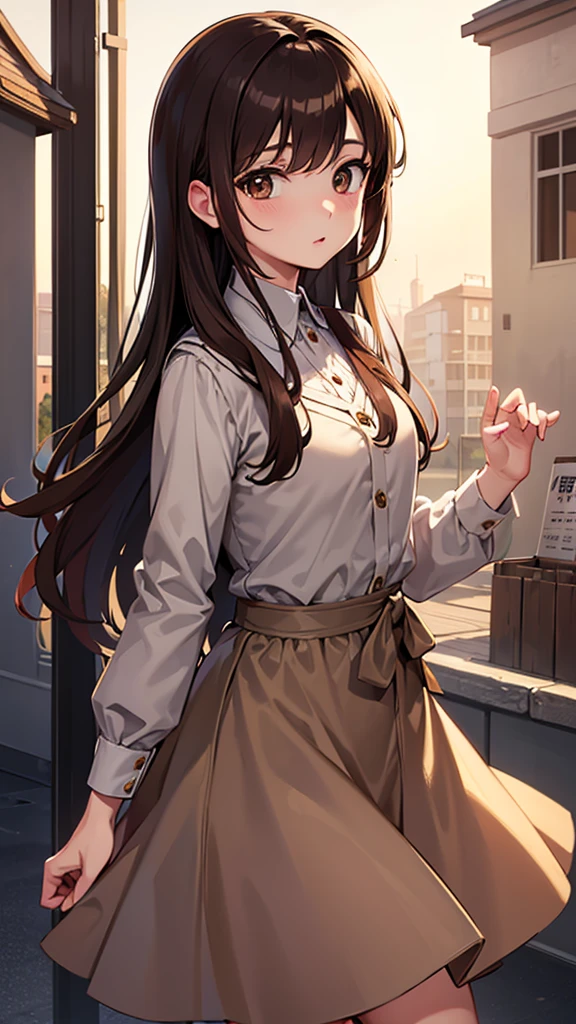 high res, masterpiece,Chizuru Ichinose, brown hair, solo, 1girl,outside, detailed background, detailed eyes, ((brown eyes))