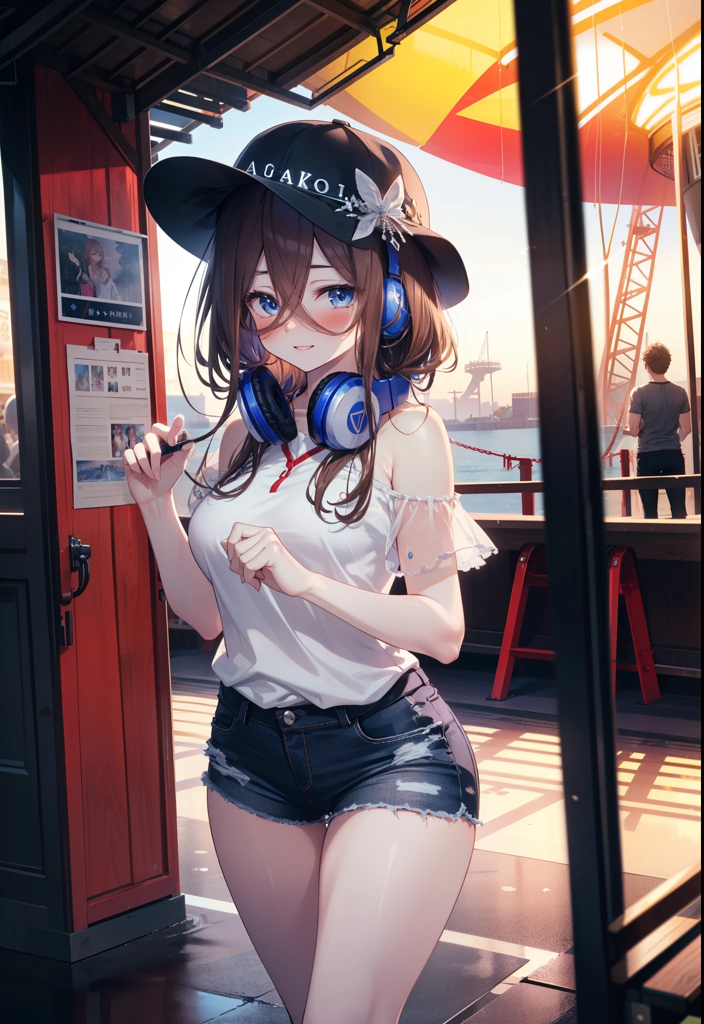 Mikunakano, Miku Nakano, Long Hair, bangs, blue eyes, Brown Hair, shirt, Hair between the eyes, Headphones around neck,happy smile, smile, Open your mouth,Cold shoulder tops,Short sleeve,Shorts,High-top sneakers,Hunting Cap,Walking,whole bodyがイラストに入るように,Ferris wheel, roller coaster, carousel, balloon, playground, Seaside, green, amusement park
break outdoors, amusement park,
break looking at viewer, whole body,(Cowboy Shot:1. 5)
break (masterpiece:1.2), highest quality, High resolution, unity 8k wallpaper, (figure:0.8), (Beautiful fine details:1.6), Highly detailed face, Perfect lighting, Highly detailed CG, (Perfect hands, Perfect Anatomy),