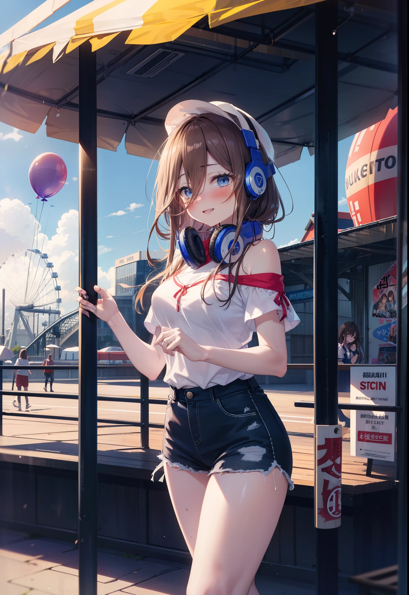 Mikunakano, Miku Nakano, Long Hair, bangs, blue eyes, Brown Hair, shirt, Hair between the eyes, Headphones around neck,happy smile, smile, Open your mouth,Cold shoulder tops,Short sleeve,Shorts,High-top sneakers,Hunting Cap,Walking,whole bodyがイラストに入るように,Ferris wheel, roller coaster, carousel, balloon, playground, Seaside, green, amusement park
break outdoors, amusement park,
break looking at viewer, whole body,(Cowboy Shot:1. 5)
break (masterpiece:1.2), highest quality, High resolution, unity 8k wallpaper, (figure:0.8), (Beautiful fine details:1.6), Highly detailed face, Perfect lighting, Highly detailed CG, (Perfect hands, Perfect Anatomy),