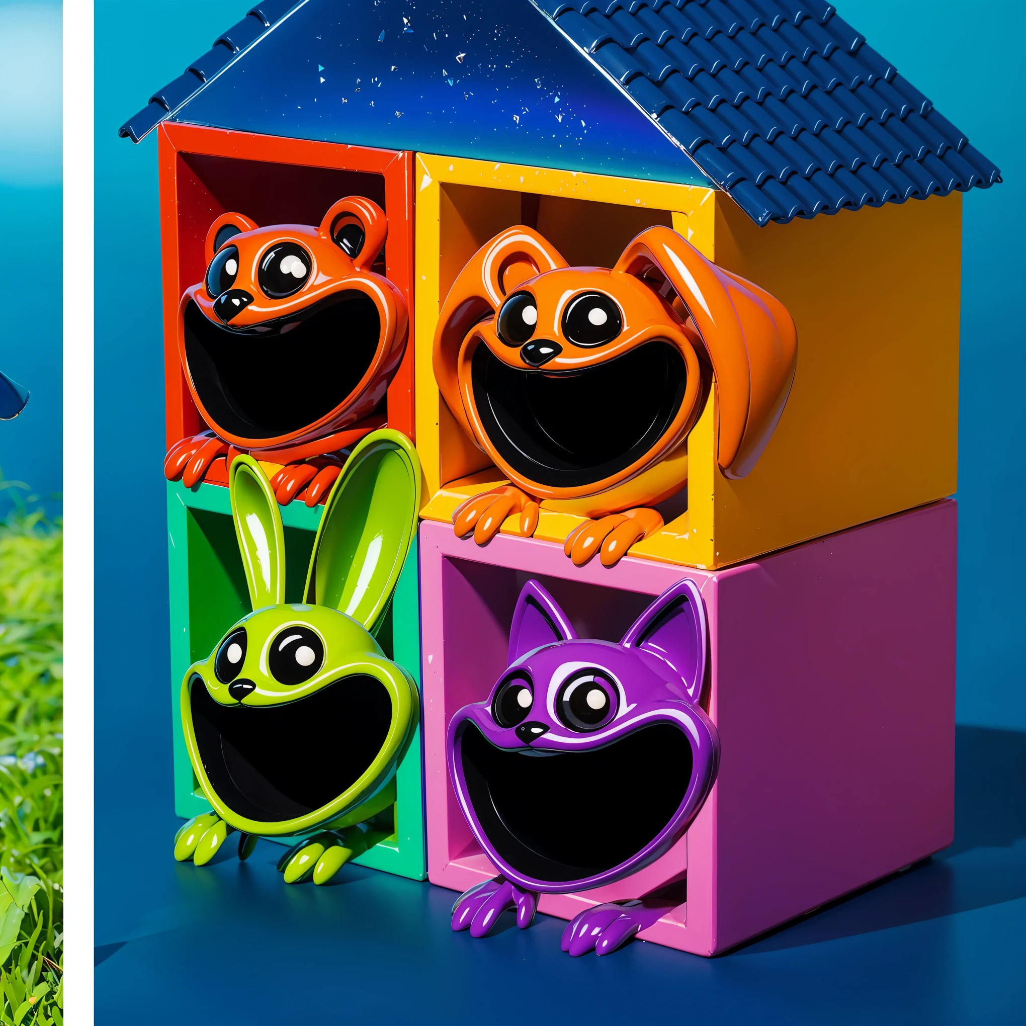 Create an image featuring four cartoonish characters with large black eyes and wide smiles. The characters should include a red bear with red hands and feet, an orange dog with orange hands and feet, a green rabbit with green hands and feet, and a purple cat with purple hands and feet. These characters should be placed inside a colorful, toy-like house structure, each in its own compartment, against a bright blue background. cartoon key frame rendering, cute 3D rendering, Shiny metallic,Create ultra sharp цветной рендеринг zbrush. perfect cgi, cgi art created only with gradients, smooth silhouette, Create ultra sharp skin, high intensity refraction, (plastic material), most beautiful vfx, blue background, plastic refractions, glossy texture, smooth 3d model, multiple light sources, rim light, sharp post effects render, (glossy plastic texture with multiple big light probe refractions), perfect cgi, cgi art created only with gradients, smooth silhouette, high intensity refraction, (plastic material), most beautiful vfx, blue background, plastic refractions Create ultra sharp