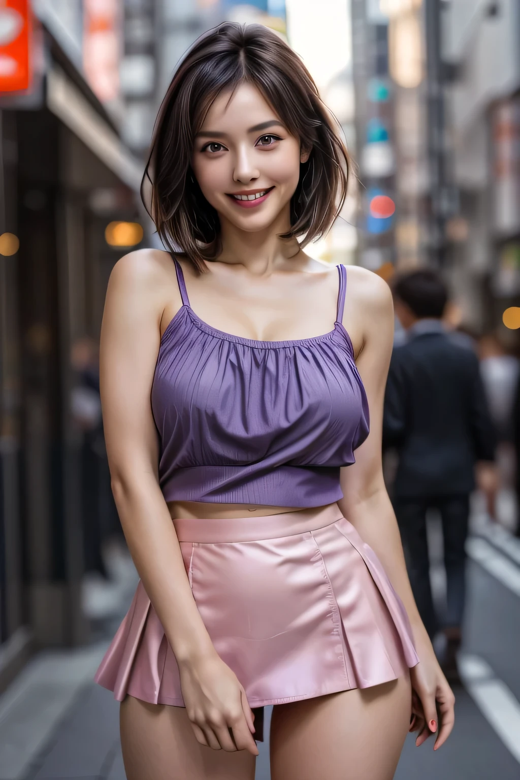 (Photorealistic:1.4), (Very detailed), (highest quality), (Best Shadow), (masterpiece), Ultra-high resolution, 1 The Ultimate Beautiful Mature Woman, Very detailedな顔, (Perfect Teeth), Fine Eyes, double eyelid, eyelash, Lip details, Short black hair, (Light purple fancy blouse:1.2), (Red tight mini skirt:1.3), Light pink panties, (Big Breasts), Grin, Thighs Thighs, Written boundary depth, Perfect lighting, With background: (Tokyo Ginza Street)