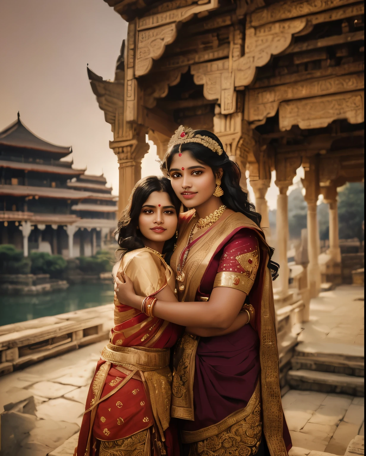 there are two women in traditional clothing posing for a picture, matte painting portrait shot, sharandula, 60mm portrait, 7 0 mm portrait, photo taken with nikon d750, photo taken with nikon d 7 5 0, traditional photography, award-winning portrait, award winning portrait, inspired by Raja Ravi Varma, maternal photography 4 k, trending ,