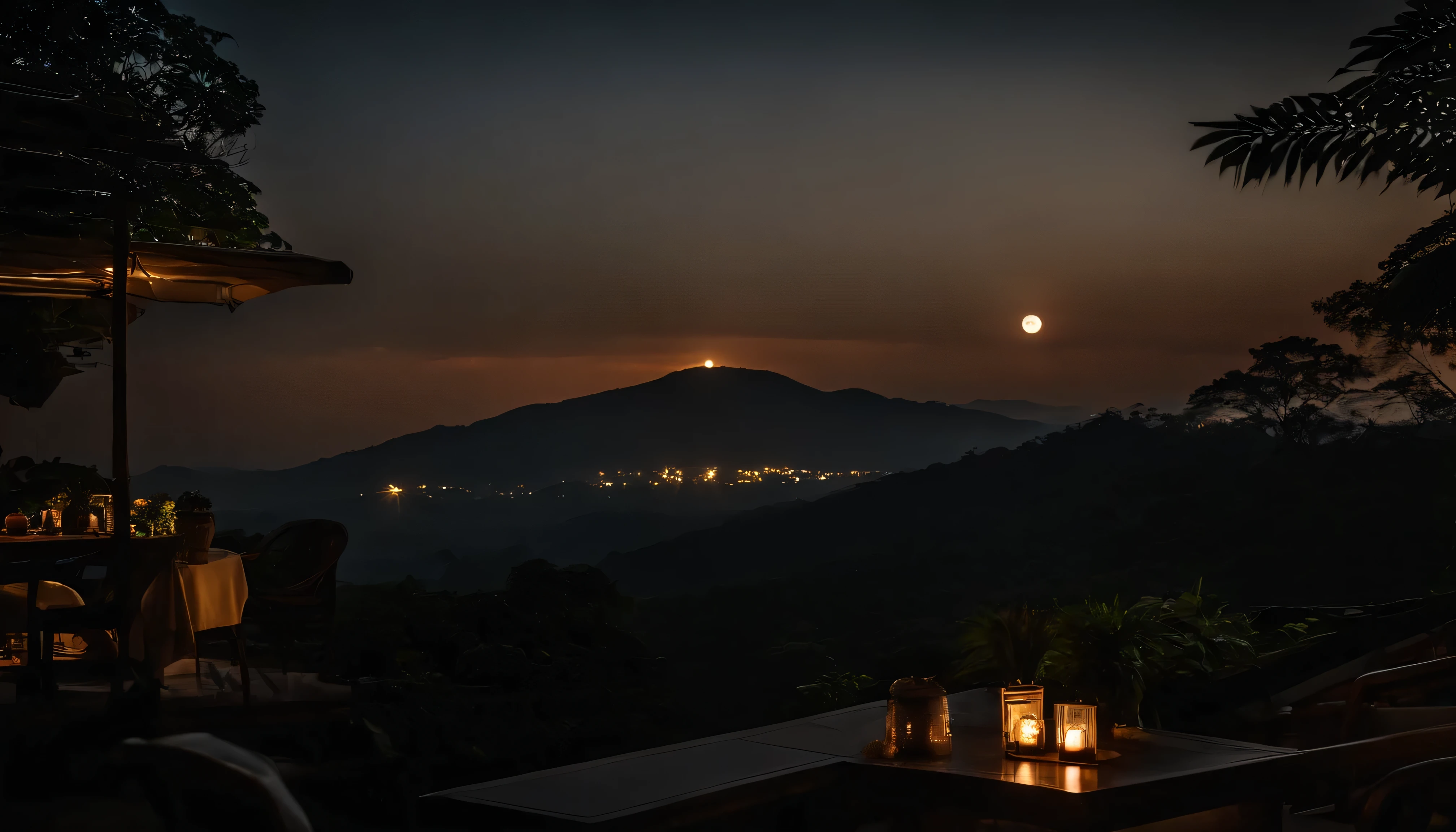 moon, the sun has set, Bogor peak, night lights, cafe dimly lit, view out the window, Villa, Midnight 