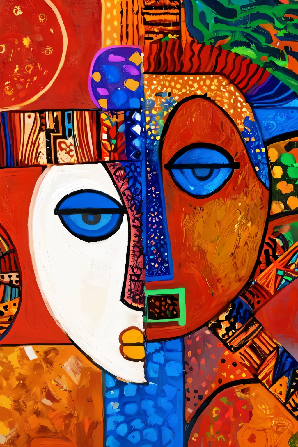 painting of a face with a pattern of different colors, detailed faces, inspired by Pierre Alechinsky, inspired by Bruce Onobrakpeya, multicolored faces, african arts, intricate faces, picasso style, inspired by Picasso, oil and acrylic on canvas, detailed and beautiful faces, tribal art, details faces, by Bruce Onobrakpeya