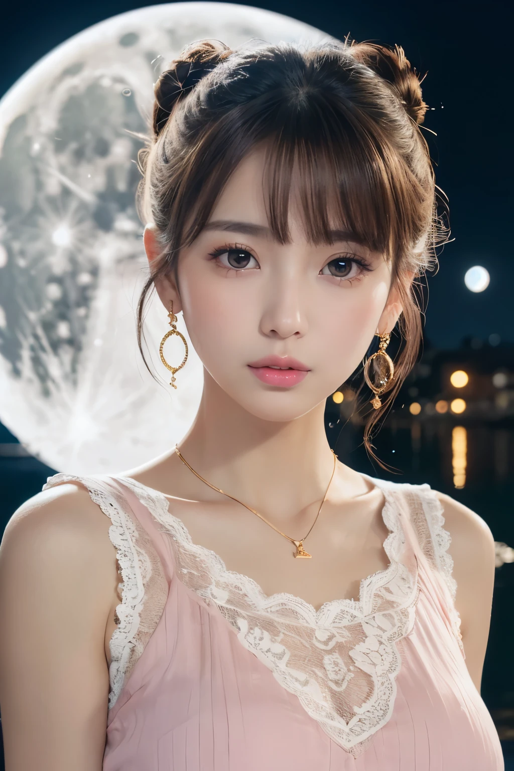 masterpiece, (photoGenuineistic: 1.4), highest quality, Beautiful lighting, Japanese , alone, jewelry, Earrings, (black eye、Big eyes、Baby Face:1.2), Outdoor, Scapula, Glowing Lips,Genuine, bangs, (Golden ratio face、plump lower lip、Pink Lips、Korean Makeup:1.4)、fine grain、Detailed nose、Fine ears、Glossy lip detail、Colored Stone Necklace, (Big Breasts:1.4),(Sleeveless white lace shirt:1.6)、(CG Unity 8k high resolution wallpaper), Complex, Attention to detail, Sharp focus, dramatic, beautiful girl,(The water surface is reflected、Blurred Background、The entire background is a full moon、Big full moon、Night view:1.6)、(Smile、Brown Hair、short hair、Hair Bun、bangsが揃っている:1.2)、BREAK (from the front:1.6)