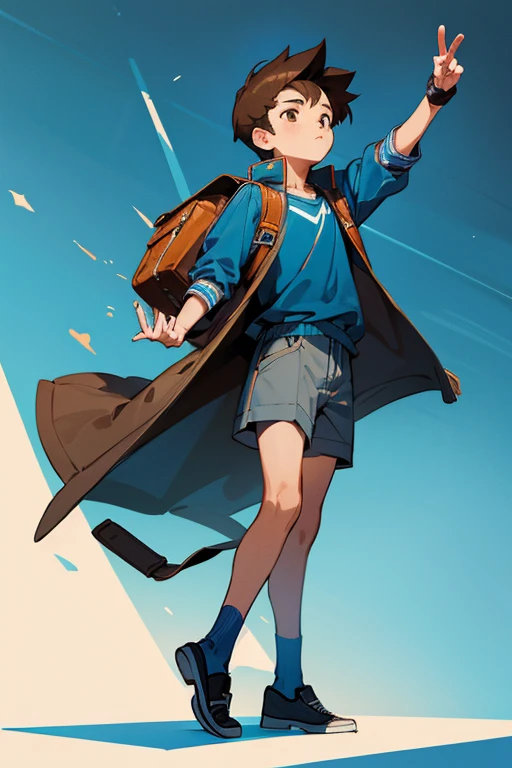 12 year old boy, brown hair, brown eyes, full body, teddy bear coat, blue shorts, blue wristbands, blus Shoes, blue backpack, superstar, classroom,