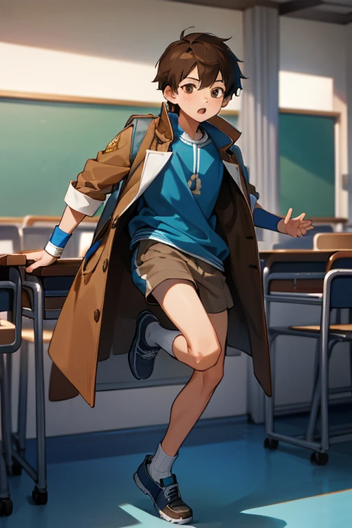 12 year old boy, brown hair, brown eyes, full body, teddy bear coat, blue shorts, blue wristbands, blus Shoes, blue backpack, superstar, classroom,