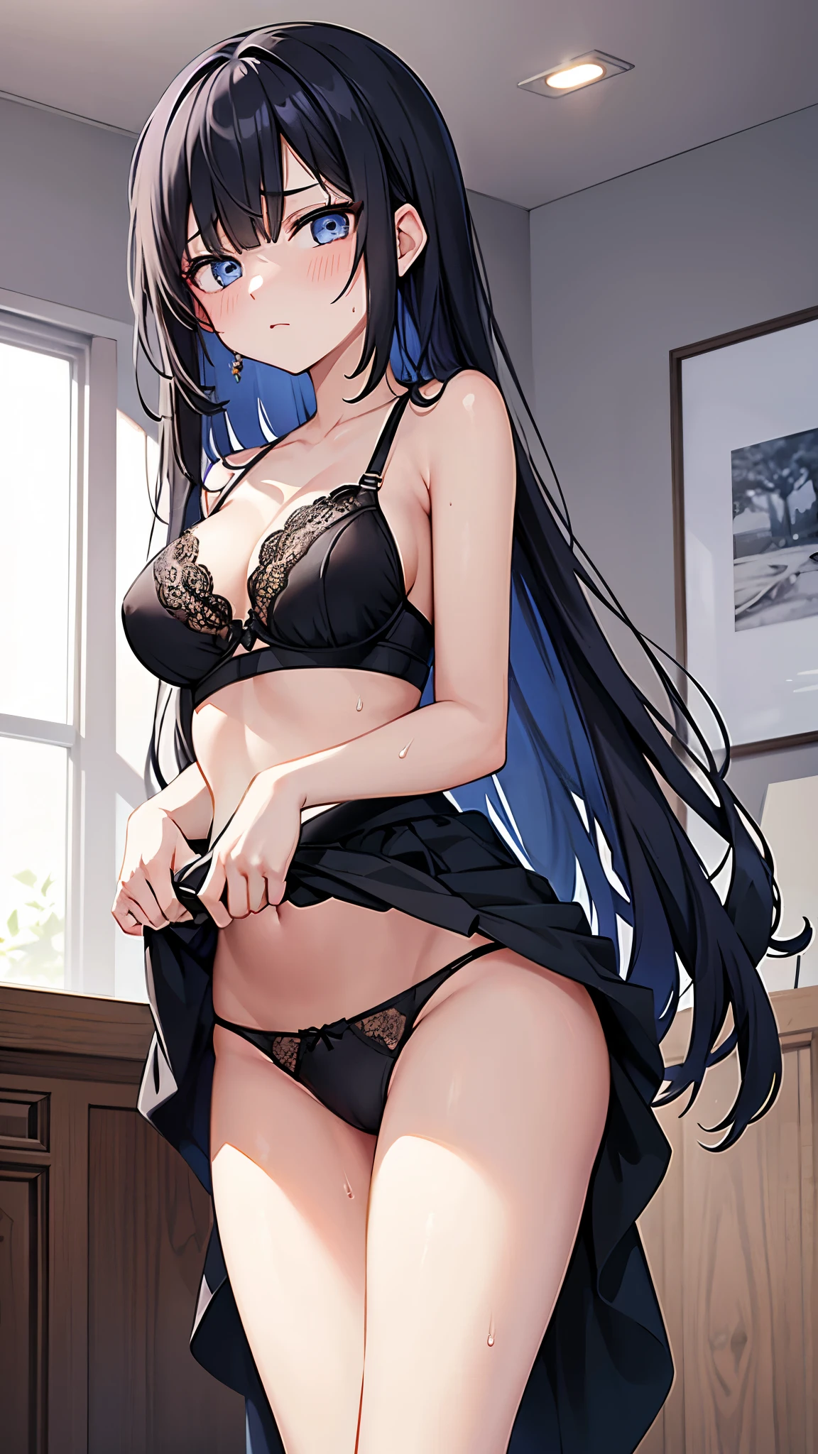 , girl, jewelry, , beautiful eyes, looking at viewer, emotionless, sweat, mind control, anime, in the room, slender, standing, lift up skirt, black bra, black panties