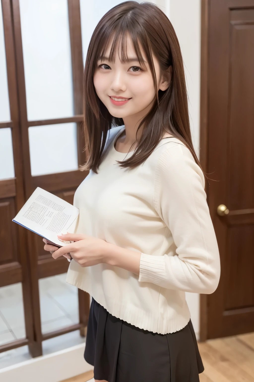 frame in, from right in front of face and body, full body, High quality, very high res, High quality, cute girl, (straight hair:1.2), black hair, forehead, medium hair, parted bangs, looking at viewer, bra top, White fluffy skirt, smile, (have a big manuscript in hand:1.2), standing