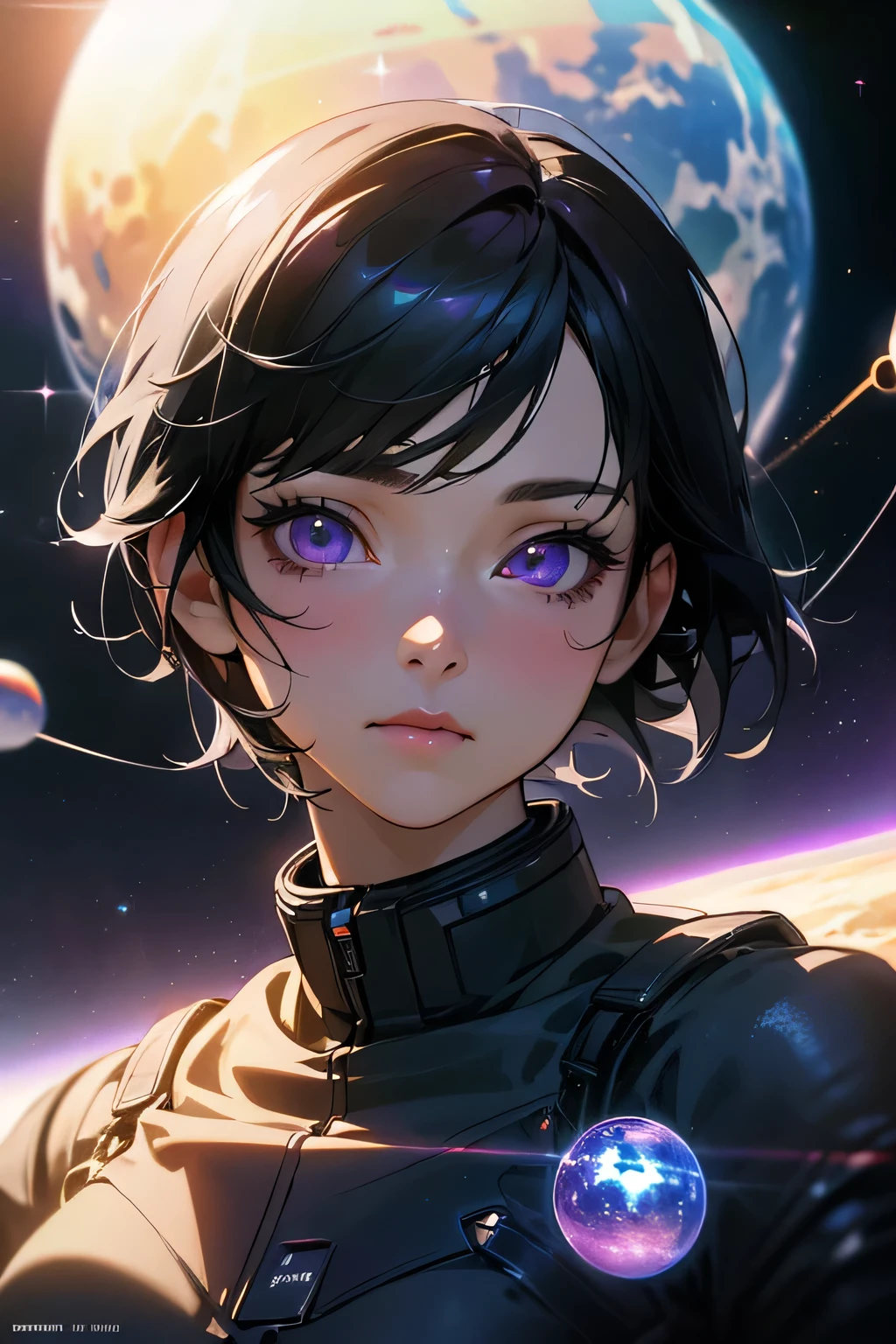 masterpiece, top quality, super detailed, high resolution, (realistic, photorealistic:1.37), excellent anatomy, 1 beautiful woman, anime girl, short black hair, purple eyes, space in eyes, sparkles, neutral face, looking at viewer, jumping between planets, best light, best shadow, mysterious, perfect face, highly detailed,