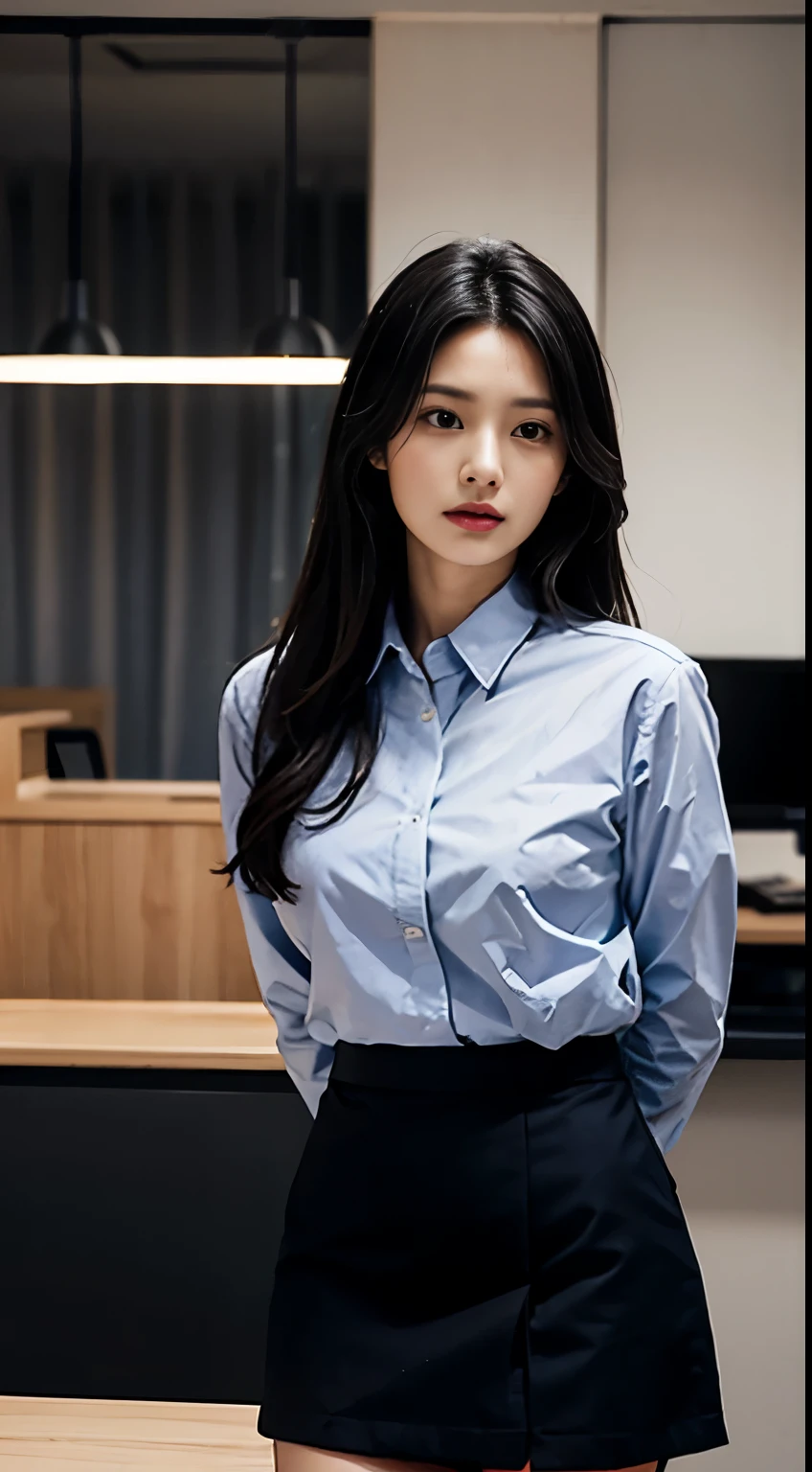 A female bank employee is held hostage by a robber and has her hands and feet tied、Hands tied with rope、Standing in a bank、Facing forward、２１talent、Beauty、Well-formed face、Make your eyes even、Beautiful black hair、Has bangedium build、Well-balanced proportions、Beautiful legs、Bank clerk uniform、Blue Shirt、Light blue long skirt、Like real life、highest quality