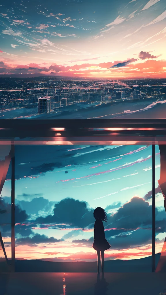 anime,silhouette,1girl, cloud, outdoors, skyscraper, city lights, blue sky, skyline,morning,waking,In nature,Mountain,men and women,Couple