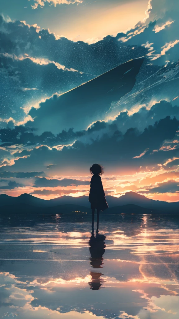anime,silhouette,1girl, cloud, outdoors, skyscraper, city lights, blue sky, skyline,morning,waking,In nature,Mountain,men and women,Couple