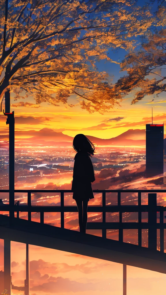 anime,silhouette,1girl, cloud, outdoors, skyscraper, city lights, blue sky, skyline,morning,waking,In nature,Mountain,men and women,Couple