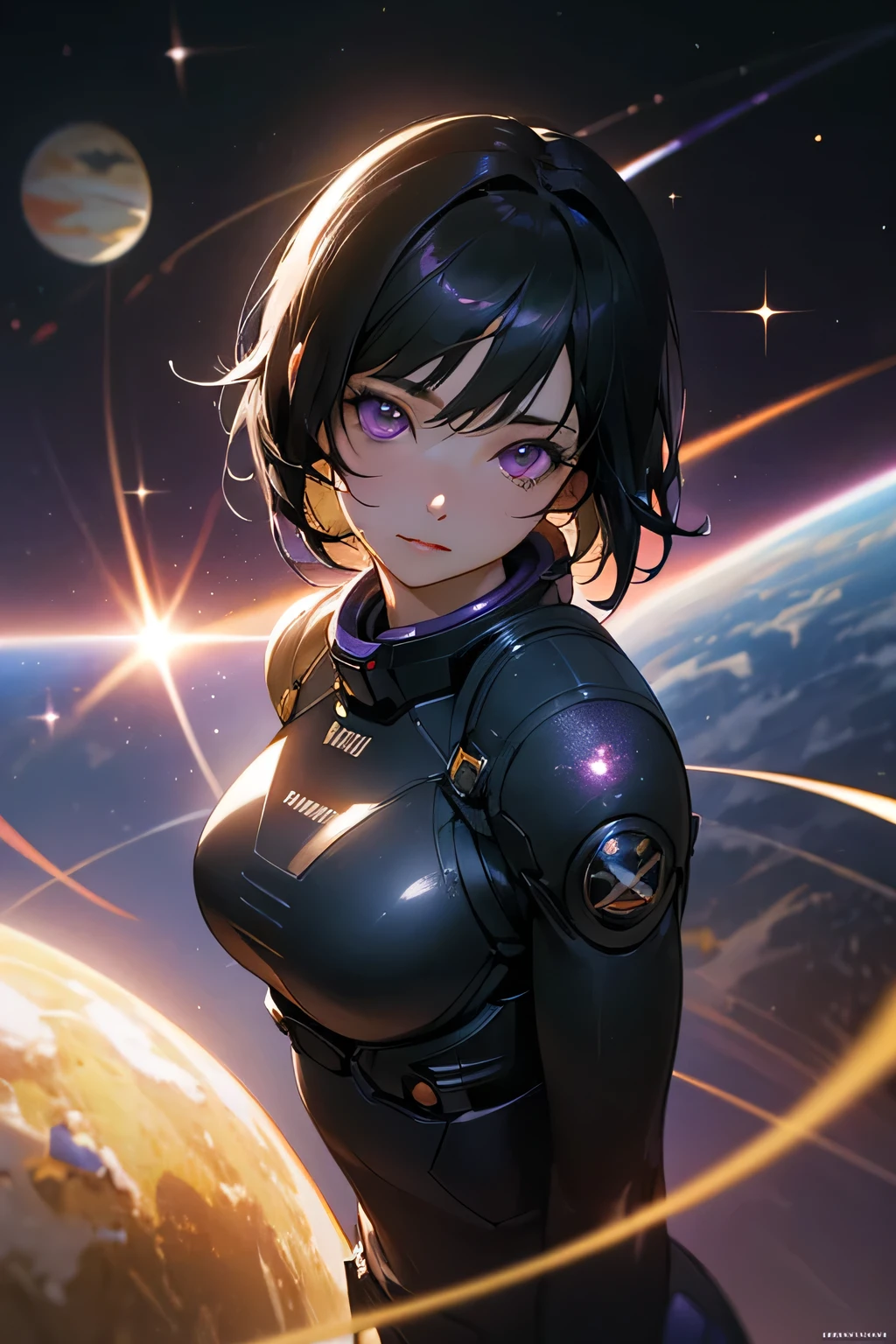 masterpiece, top quality, super detailed, high resolution, (realistic, photorealistic:1.37), excellent anatomy, 1 beautiful woman, anime girl, short black hair, purple eyes, space in eyes, sparkles, neutral face, looking at viewer, jumping between planets, best light, best shadow, mysterious, perfect face, highly detailed,