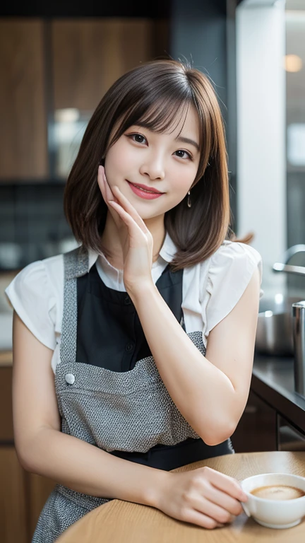 In 8K,highest quality:1.4, Ultra-high resolution:1.5, (Realistic:1.4),masterpiece:1.2,(highest quality:1.4)、 RAW Photos、 1Japanese Girls、 cute、Big Breasts:1.5、 (alone:1.8)、kitchen、 (Mysterious Smile:1.3), Smooth Skin、20-year-old:1.5、Beautiful dark eyes、Natural skin texture:1.3, Realistic eye and facial details:1.8、 (Brown medium hair,bangs), (Touching your hair:1.4)、Nogizaka、cute colorful apron、Cafe Staff、Flexible fingertips、Beautiful dark eyes、Natural skin texture:1.3, Realistic eye and facial details:1.7、Looking at the audience、Full Body Shot、Beautiful feet、gravure、Attractive girl、Thighs、Are standing、coffee
