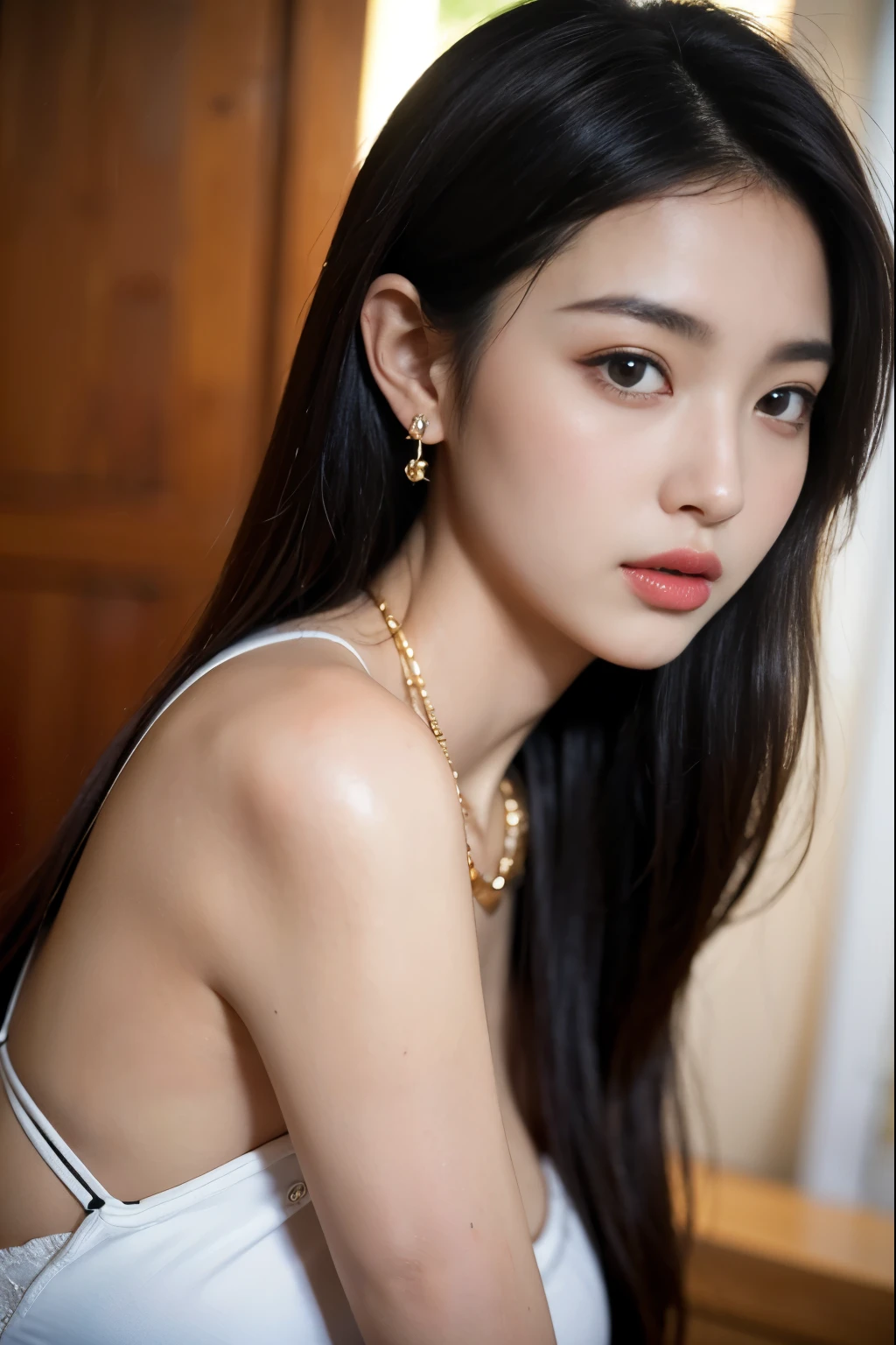 (masterpiece:1.3), (8 thousand, realistic, RAW photos, best quality: 1.4), (1 woman),(very sexy), (Beautiful makeover), (유난히 아름다운 realistic 얼굴), (Build a beautiful body) , (beautiful face), (beautiful face),  (long eyelashes),  (double eyelid), (realistic face), (black hair. parted, long hair:1.3), (아름다운 parted스타일), (realistic eyes), (really beautiful and delicate eyes), (beautiful and big breasts),(realistic skin), (beautiful skin), (absurd), (attractive), (ultra high resolution), (extremely realistic), (very detailed), (golden ratio),   (necklace),  (earring), (So beautiful and sexy)