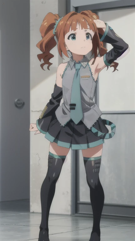 solo, 1girl, yayoi takatsuki, miku outfit, sleeveless shirt, grey shirt, detached sleeves, necktie, arm tattoo, skirt, thighhighs, thigh boots