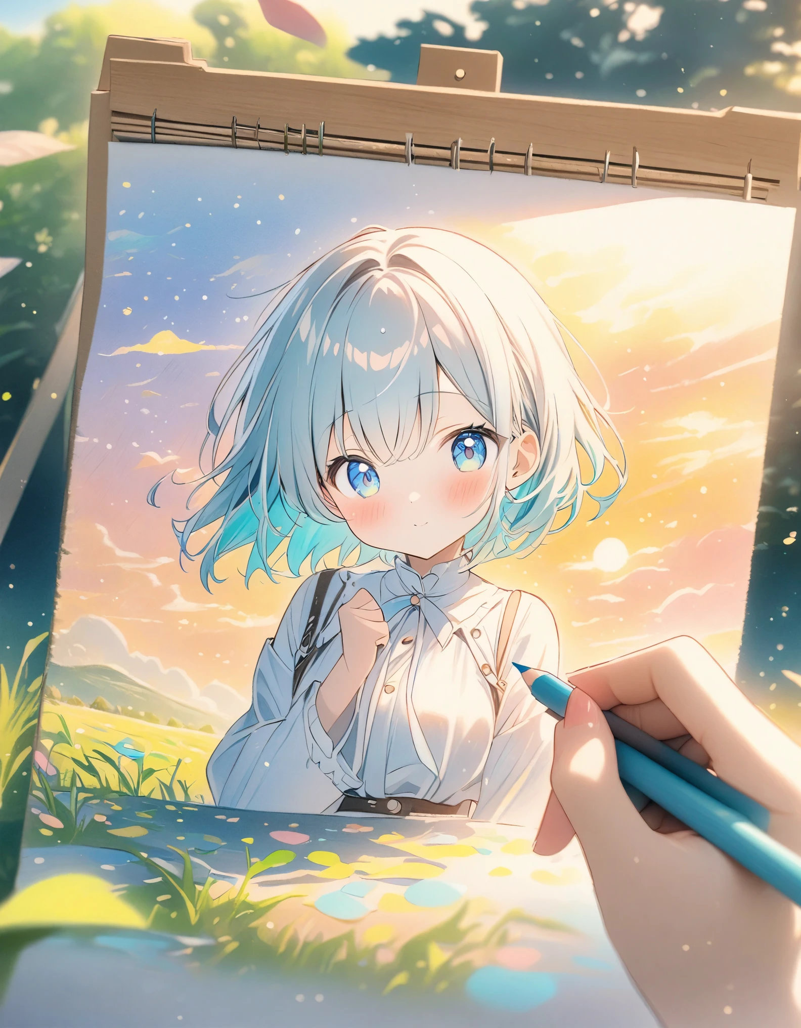 ((style:colored pencil,Pale colors)),(masterpiece:1.2),(anime),Fantasy、grasslandで佇む女の子、evening、Sunset、cute、grassland、((Draw it in the canvas))