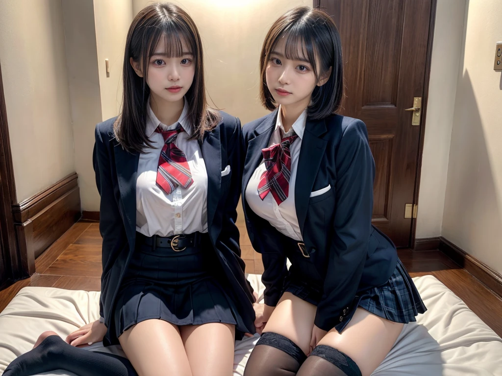 (8K, Raw photography, top-quality, masterpiece:1.2), master piece, best quality, illustration, Super detailed, fine details, High resolution, 8K,wall paper, perfect dynamic composition,(Details High quality, realistic depiction of eyes:1.3), ((2 girls, 2 schoolgirls)), The background is a luxury hotel room、High school girl uniform、blazer 、Super Short Check Uniform Skirt、Navy blue high socks、garterbelts、Colossal tits、Disturbed uniform, Play with each other,Touching each other's bodies,Touching the body of the girl next door, short bob hair, black hair color, huge breasts, Big Natural Color Lip, bold sexy pose, (perfect body shape), crying a little、cold gaze, Beautiful makeup,glitter makeup,Cutest 18 years old, beautiful legs, hposing Gravure Idol, Voluptuous thighs