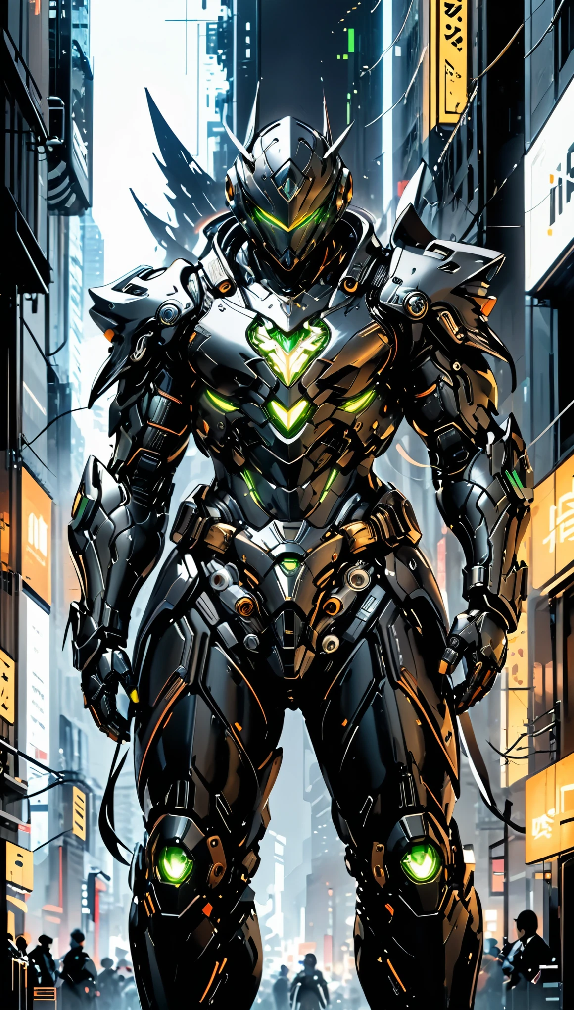 A man wearing a full-face helmet, a fantasy-style biotech armored combat suit, green eyes, (a composite layered chest armor), fully enclosed shoulder guards, matching arm and leg guards, the belt is adorned with exhaust pipes, (the color scheme is primarily black glow with green and red accents), the design balances heavy with agility, a high-tech bio-mecha armor, (Armor Concept Inspired by Cyberpunk motorcycle, stand on the top of a skyscraper in a futuristic sci-fi city), this character embodies a finely crafted fantasy-surreal style armored hero in anime style, exquisite and mature manga art style, (battle damage, element, plasma, energy, the armor glows), ((male:1.5)), metallic, real texture material, dramatic, high definition, best quality, highres, ultra-detailed, ultra-fine painting, extremely delicate, professional, perfect body proportions, golden ratio, anatomically correct, symmetrical face, extremely detailed eyes and face, high quality eyes, creativity, RAW photo, UHD, 32k, Natural light, cinematic lighting, masterpiece-anatomy-perfect, masterpiece:1.5