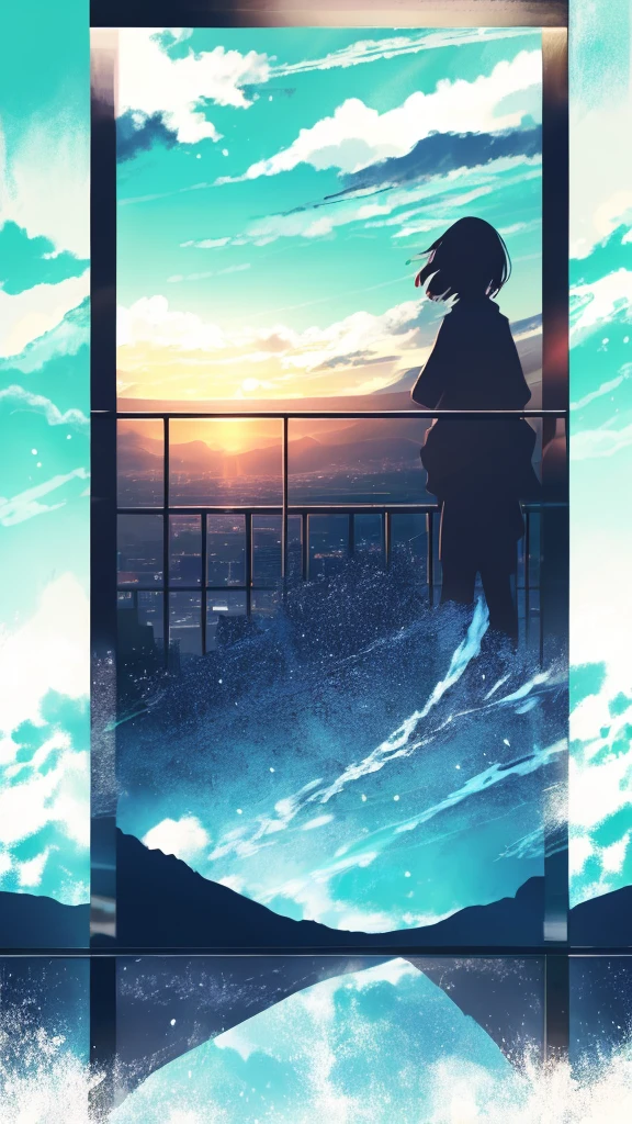 anime,silhouette,1girl, cloud, outdoors, skyscraper, city lights, blue sky, skyline,morning,waking,In nature,Mountain,Couple