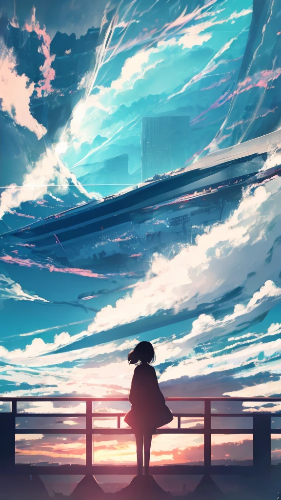 anime,silhouette,1girl, cloud, outdoors, skyscraper, city lights, blue sky, skyline,morning,waking,In nature,Mountain,Couple