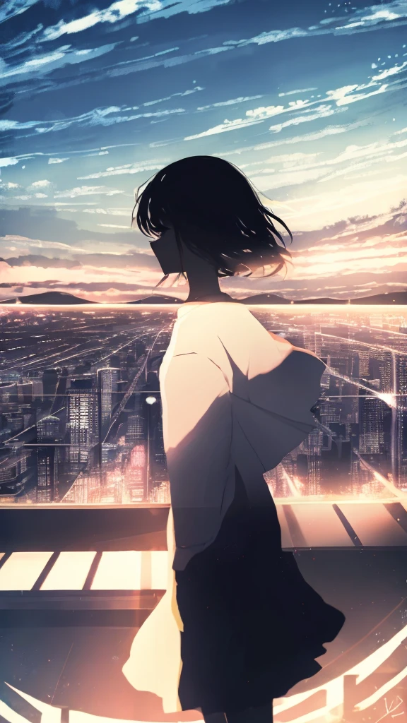anime,silhouette,1girl, cloud, outdoors, skyscraper, city lights, blue sky, skyline,morning,waking,In nature,Mountain,Couple