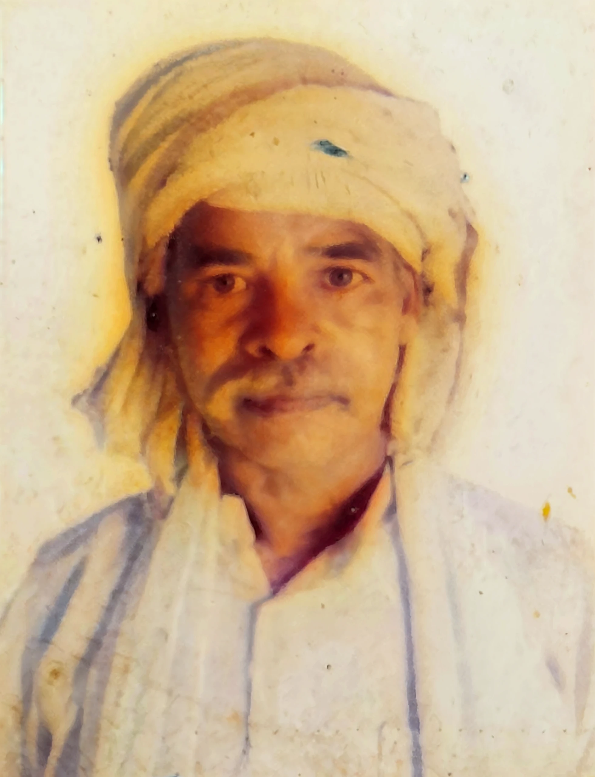 Indonesian Muslim man, aged 70 years and over, brown skin color, wrinkles, especially on the forehead or forehead. long face and wide chin. big tall nose, slightly open mouth, lip shape and facial expressions remain original. eye. clear natural black, thick gray eyebrows, has a gray mustache and beard, wears a white cloth turban with a red pattern. and wear white Islamic clothes. Very realistic HD quality.
