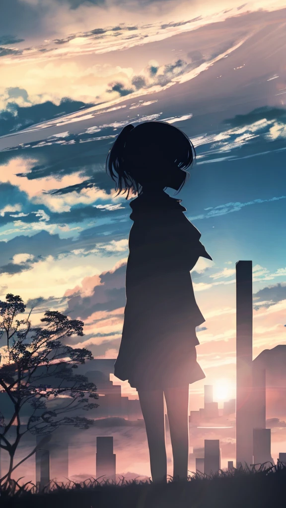 anime,silhouette,1girl, cloud, outdoors, skyscraper, city lights, blue sky, skyline,morning,waking,In nature,Mountain,men and women,Couple