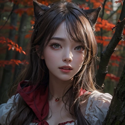 Standing in the forest、Hair flow、 ((highest quality、masterpiece、8k、Best image quality、Ultra-high resolution、Award-winning works)、(Accurate anatomy:1.1)、(Look at me and smile:1.1)、Shining fair skin with Ultra-high resolution、The most detailed face、Ultra-high resolution detailed face、Ultra-high resolutionの髪の毛、(Ultra-high resolution eye:1.1)、Beautiful face drawn in every detail、little red riding hood Costume , Chest to chest, Strange atmosphere, A real werewolf stares at her.., Dark Light, in the forest , Heavy makeup