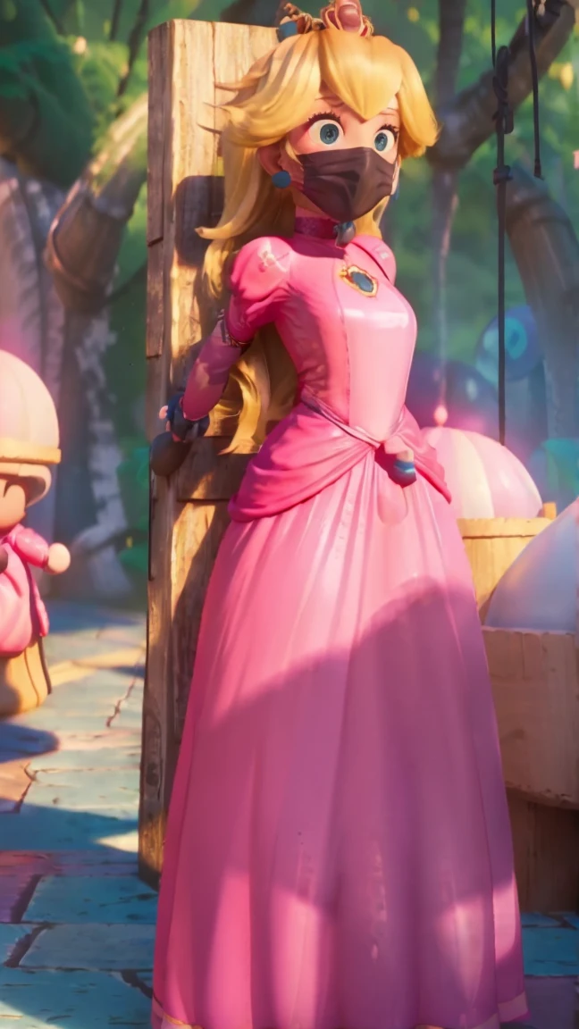 Princess Peach, solo, 1 girl, ((wearing a long hot pink dress)), huge breasts, upper body, masterpiece,8k, best quality, good hands,good eyes, pixarstyle, 1girl, solo, style,parody,3d,long hair, detail hair, blonde hair, maximum detail, intricate detail, extremely clear, beach, nsfw, smile, shy, blush, embaressed, ((long hair)), (tall girl), (solo, 1 girl), ((shibari, arms behind back : 1.4)) , ( full face otn gag mask), (full body view),((toes to head view)), ((complete body view photo)), ((standing)), Scared, (Skinny), view the viewer, ((shibari, bound arms, arms back behind:1.4)), ((tied in a wood pole)), ((wood pole)), ((tight full face latex mask)), (otn gag), gagged, (tight latex mask), (black mask), day light, ((she wears a black mask with a mouth printed on it)), WMASK_gag, WMASK_on, WMASK_BANDANA_ON, WMASK_latex, WMASK_Breathplay