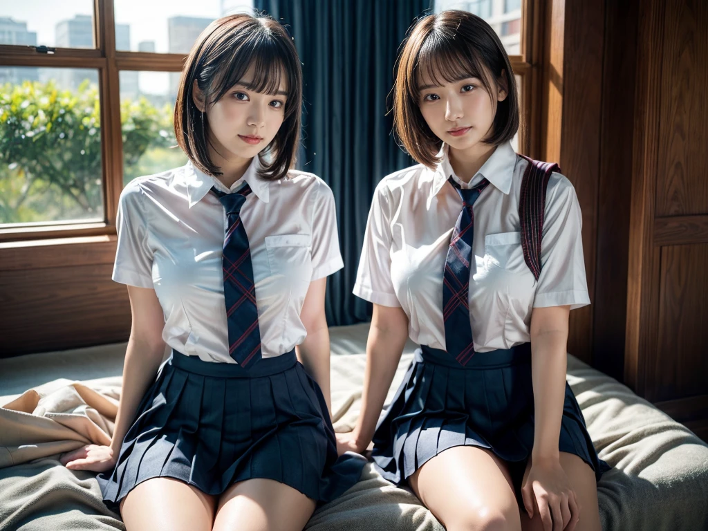 (RAW photo, 4k, masterpiece, high resolution, extremely complex) (realistic: 1.4), cinematic lighting
((2 girls, 2 schoolgirls)),Slam Dunk's,blushing,((innocent)),(Dark makeup),bright eyes,round eyes,blunt bangs,(short bob hair:1.3),black hair,large breasts,wide hips,Summer Noon, ,Hot, (Best Quality), (Highres), (an Extremely Delicate and Beautiful),(Beautiful 8k face),(Brown eyes),short bob hair,( spectators),(gigantic breasts),(Play with each other,Touching each other's bodies,Touching the body),(Japanese high school uniform:1.3),blue skirt,(reality),bright lighting,(The background is a luxury hotel room)